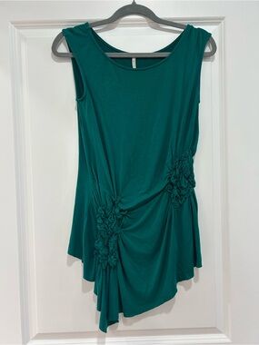 Olivia Moon Teal Sleeveless Floral-Ruched Asymmetric Tank